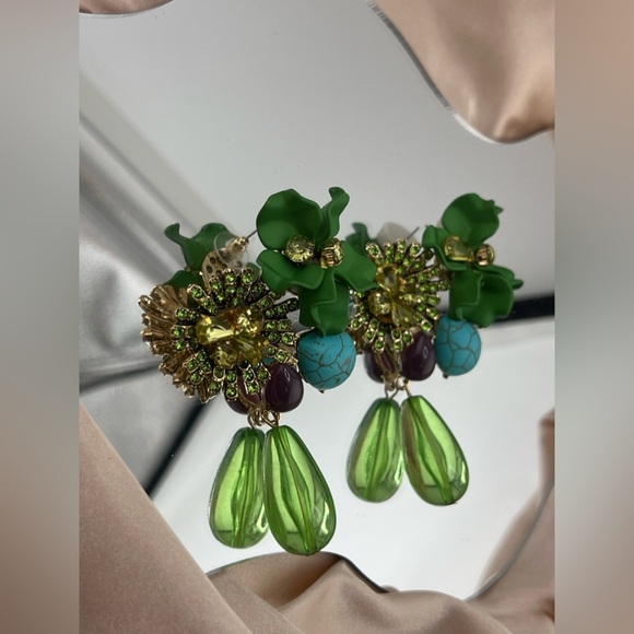 Green Floral Drop Earrings with Crystals and Stones” - Picture 7 of 8